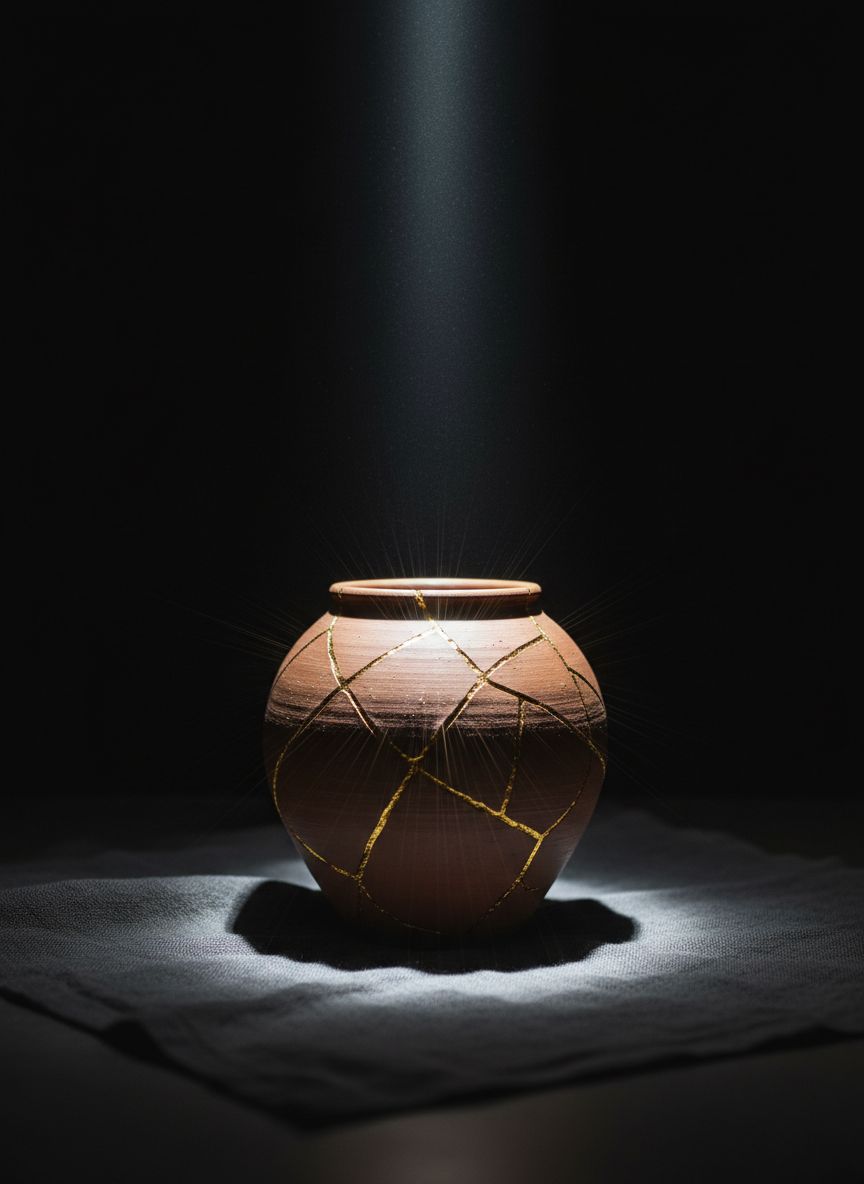 A simple clay vessel, cracked and mended with thin, gold-like seams, standing upright on a dark, textured linen cloth. A single beam of soft, cool-white light from above breaks through the surrounding darkness, shining through the repaired cracks so that delicate rays spill out onto the cloth and nearby surface. The background remains almost completely black, enhancing the contrast between brokenness and illuminated restoration. Photographic realism, shot from a slightly low angle with the vessel centered and sharp, while the edges of the frame fall gently out of focus. The mood is dignified, vulnerable, and hopeful, illustrating transformation without any sensational elements, in a refined and minimalist style.