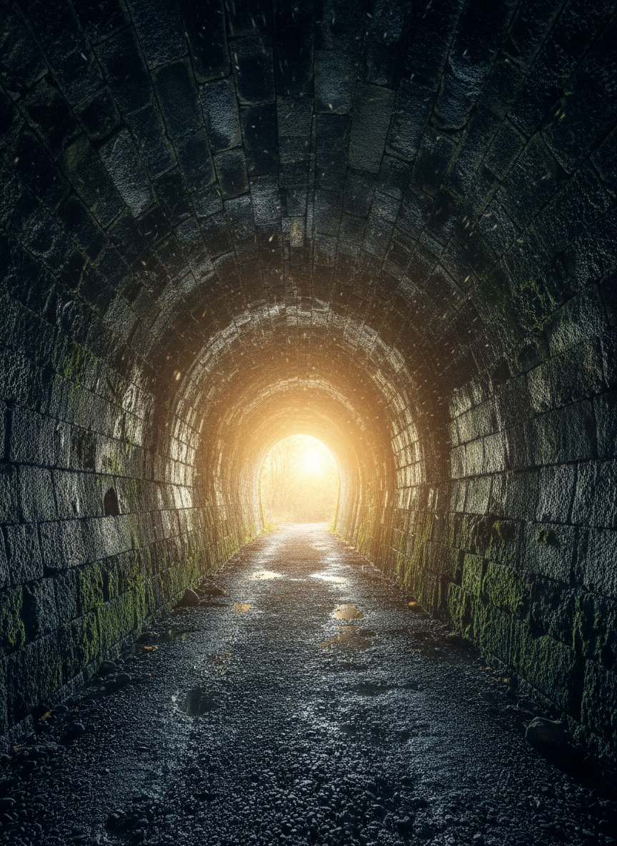 A narrow, dimly lit tunnel made of rough stone, its walls marked with subtle signs of wear and dampness, opening toward a distant, bright exit where sunlight pours in. The floor near the viewer is in deep shadow, but as the tunnel extends, the light intensifies, illuminating specks of dust floating in the air. Photographic realism with a centered, leading-lines composition that draws the eye from darkness to the radiant opening. Soft, cool-toned shadows in the foreground contrast with the warm, inviting glow at the end. The mood is one of journey and transformation, somber yet filled with expectation, suggesting that no matter how deep the darkness, light is ahead.