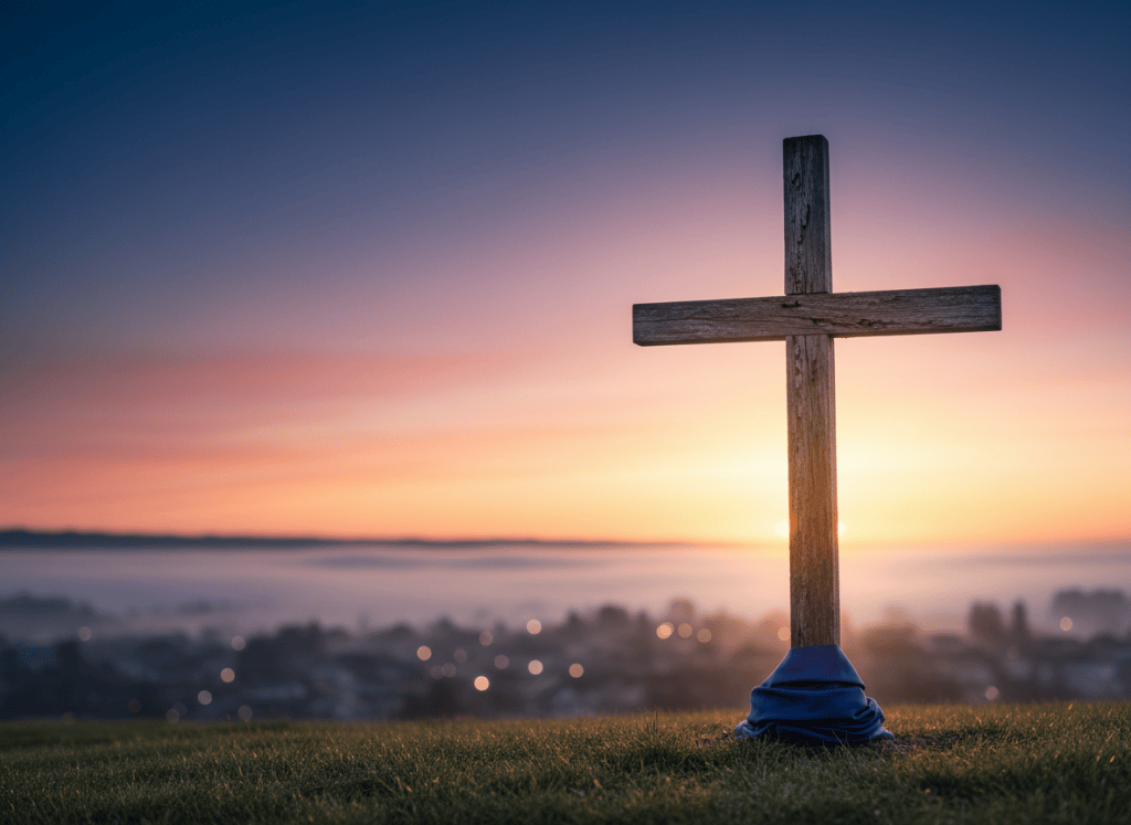 A weathered wooden cross standing alone on a gentle hillside at dawn, its grain and small cracks clearly visible, wrapped at the base with a simple dark-blue fabric representing night. Behind it, the sky transitions from deep indigo to soft rose and pale gold as the sun begins to rise, suggesting darkness giving way to light. Low mist rests in the distant valley, partially veiling a quiet town below. Photographic realism, shot at eye level with the cross on the rule of thirds, soft golden-hour backlighting creating a subtle halo effect around the wood. The mood is contemplative and hopeful, with a shallow depth of field that keeps the cross sharp while the background gently blurs into soft, non-distracting bokeh.