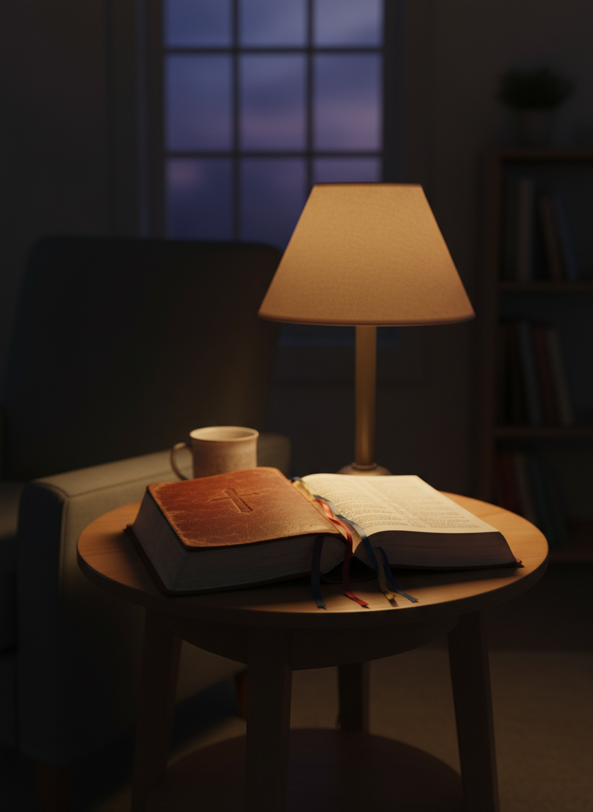 An open, well-worn leather Bible resting on a small round table near a single shaded lamp in an otherwise dim room, the thin pages slightly curled at the edges and marked with delicate, colored ribbons. The lamp casts a warm, focused pool of light that falls directly on the open pages, leaving the corners of the room in soft shadow, symbolizing light entering darkness. A distant window shows a faint suggestion of night outside. Photographic realism, captured from a slightly elevated angle with a shallow depth of field so the text is implied but unreadable. The mood is intimate, honest, and quietly hopeful, with a sophisticated, minimal composition that avoids clutter or sensational elements.